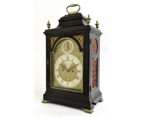 Good English ebonised double fusee bracket clock, the 7" brass arched dial signed Robert Brown, London on a shaped plate to t
