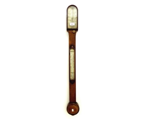 Rosewood stick barometer/thermometer, the angled silvered scale indistinctly signed Bennett...Cheapside, over a square sectio