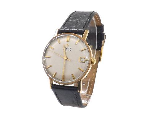 Omega automatic 9ct gentleman's wristwatch, textured silvered dial with baton markers, centre seconds and date aperture, blac