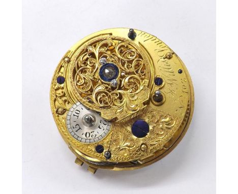 English 18th century ruby cylinder pocket watch movement, signed Willis, London, no. 102, pierced engraved balance cock with 