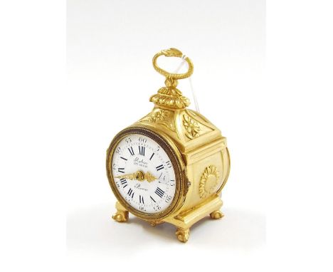 Miniature ormolu drumhead mantel clock timepiece, the 2" white enamel dial signed Robin Her du Ror á Paris, within a panelled