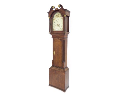 Good oak and mahogany inlaid eight day longcase clock, the 12" painted arched dial  signed Deacon, Barton, the case with long