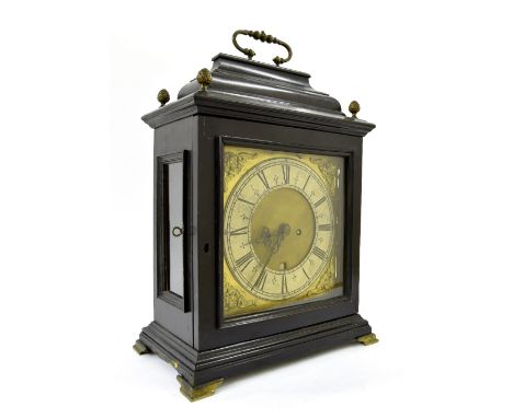 Ebonised double fusee verge bracket clock, the 9" square brass dial with silvered chapter ring signed L. Heyman, Gendt, enclo