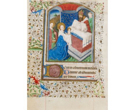 French Workshop.- Single leaf from an illuminated Book of Hours with large arched miniature depicting The Presentation in the