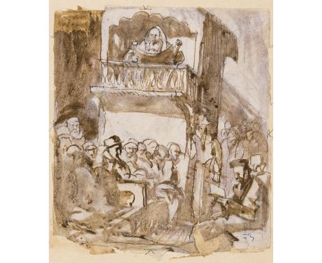δ Brangwyn (Frank) Study for the drypoint etching 'Sermon in the Synagogue', point of the brush and brown ink over pencil, br