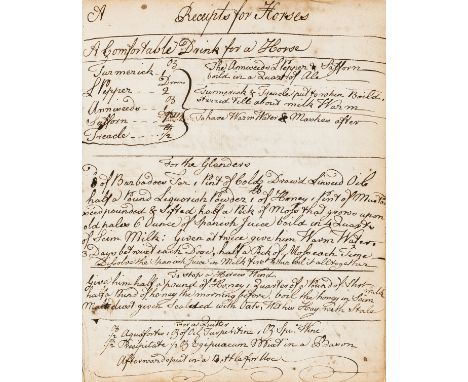 Veterinary recipes.- Huxley (Thomas) [Collection of recipes], manuscript, c. 40pp. excluding blanks, reverse entries, 1f. loo