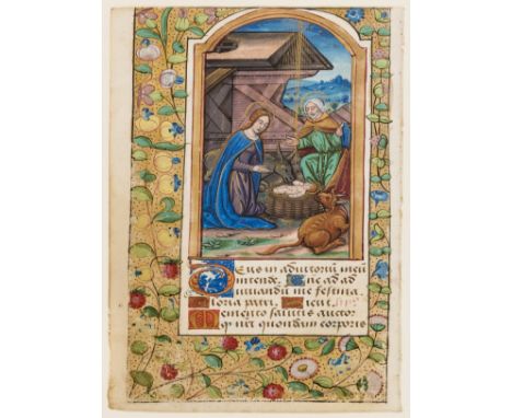 French Workshop.- Single leaf from an illuminated Book of Hours with arched miniature depicting the Nativity, manuscript in L