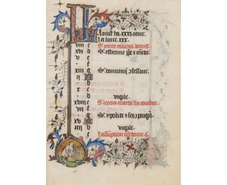 French Workshop.- Single calendar leaf for August from an illuminated Book of Hours with 2 small miniatures, Use of Paris, ma