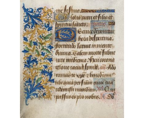 French Workshop.- Single leaf from an illuminated Book of Hours, manuscript in Latin, on vellum, single column, 13 lines, in 