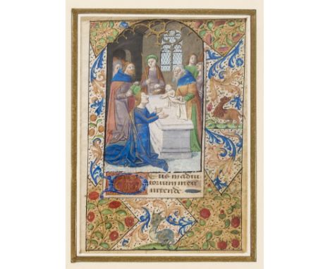 Paris Workshop.- Single leaf from an illuminated Book of Hours with large arched miniature depicting The Presentation in the 