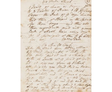Cookery &amp; Medical recipes.- St Croix (Sarah de) &amp; Mrs A. Green. [Collection of recipes], manuscript, c.85pp., numerou