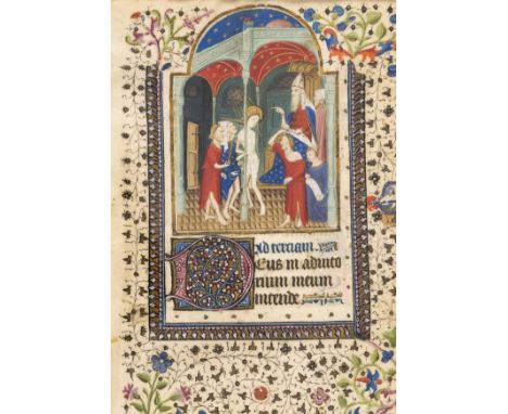 Follower of the Boucicaut Master.- Single leaf from an illuminated Book of Hours with arched miniature depicting the Flagella