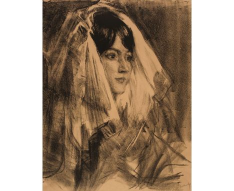Belleroche (Albert de, 1864-1944). 'Mantilla', lithograph, showing the head &amp; shoulders of a young woman looking to the r