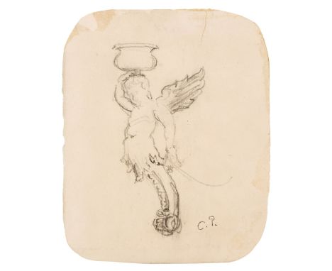 Pissarro (Camille, 1830-1903). Drawing of a putto corbel, pencil on wove paper, laid down on thin card and corners rounded, d