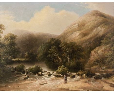 Attributed to Tucker (John Wallace, 1808-1869). Dunsford Weir on the River Teign, Devon, oil on board, depicting a hilly rive