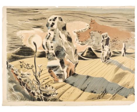 Nash (Paul, 1889-1946). Landscape of the Megaliths, London: Contemporary Lithographs Ltd, [1937], colour lithograph, depictin
