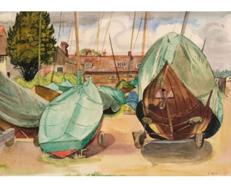 Hale (Kathleen, 1898-2000). Dinghy park at Hamble, 1958, watercolour and pencil on paper, signed lower right, mount aperture 