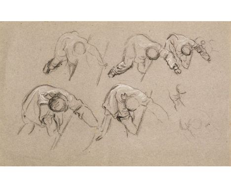 Linnell (James Thomas, 1820-1905). Studies of a smocked farmer with a stick, black chalk and pencil, heightened with white on