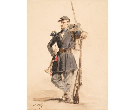 Pils (Isidore, 1813-1875). Rifleman with a Bugle, watercolour and pencil, showing a military man standing resting his left ar