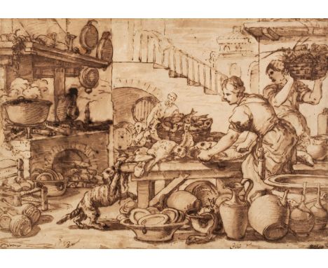 Attributed to Luca Giordano (Naples 1634-1705). Women preparing fish in a kitchen, circa 1680, pen and brown ink with traces 