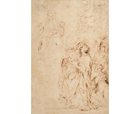 After Anthony van Dyck (1599-1641). Madonna and Child with female saints, late 17th century, pen and brown ink on laid paper,