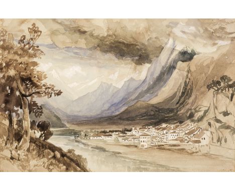 Lear (Edward, 1812-1888). Saint Moritz, Switzerland, watercolour on grey paper, depicting a panoramic landscape, with a villa