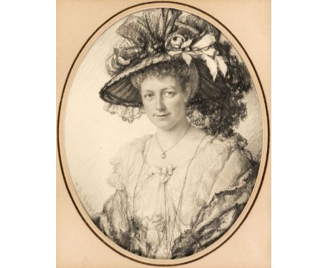 Macbeth-Raeburn (Henry, 1860-1947). Oval portrait of Mrs Lewis Smith, 1907, charcoal half-length portrait of a young lady wea