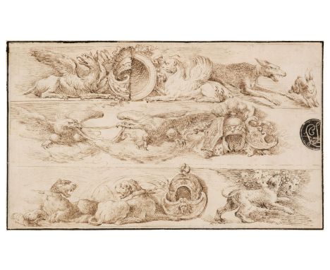 Attributed to Stefano della Bella (1610-1664). Fantasia di Animali, fine pen and brown ink on laid paper, depicting griffins 