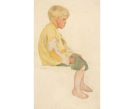 Hale (Kathleen, 1898-2000). Portrait of a seated and sad ragged little boy, 1920, watercolour and pencil on paper, signed cen