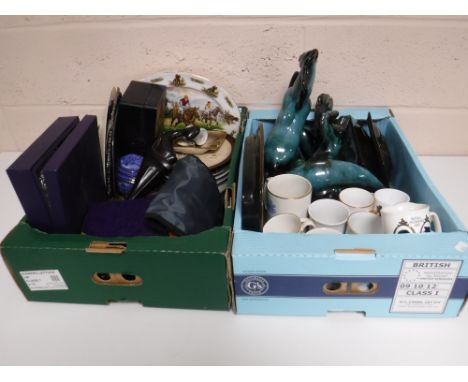 Two boxes of assorted china and metal ware including commemorative mugs, wall plates, pottery animal figures, Mason's caddy t