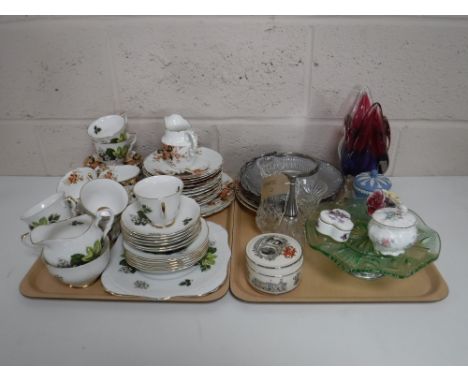 Two trays containing an antique china tea service, Colclough tea service, assorted glassware, trinket boxes, Wedgwood jasper 