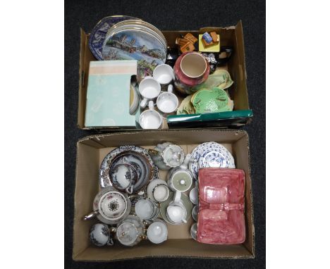 Two boxes of assorted Ringtons china, teapots, antique tea service, Royal Adderley coffee set, lustre china basket etc