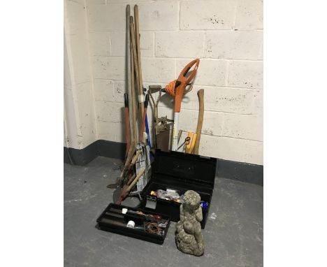 Two plastic tubs containing a Stihl FSE 41 electric strimmer, assorted hand and gardening tools together with a tool box and 