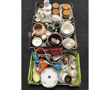 Three boxes containing cutlery, planters, antique china trinket set, Hornsea Bronte lidded storage jars etc