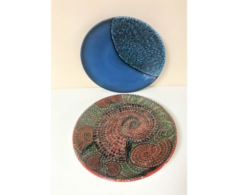 A good pair of large Poole Pottery chargers, 'Moon' from the Sun and Moon collection designed by Alan Clarke no.65/1000, 42 c