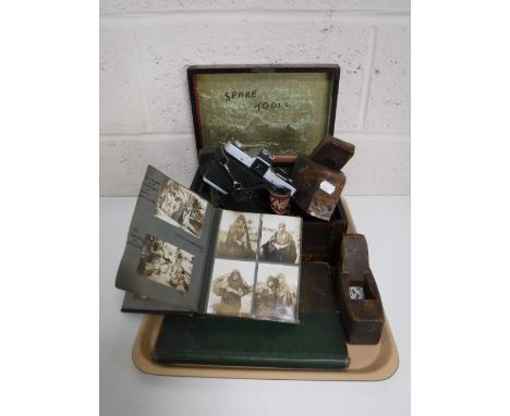 A tray containing vintage woodworking planes, Victorian inlaid trinket box, two antiquarian photo albums containing pictures 