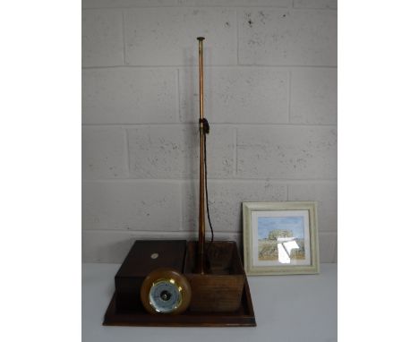 A mahogany twin handled serving tray together with a Victorian mahogany jewellery box, a small wooden crate, barometer, coppe