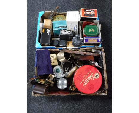 Two boxes of vintage tins, cameras, model aircraft, brass watering can, barometer etc