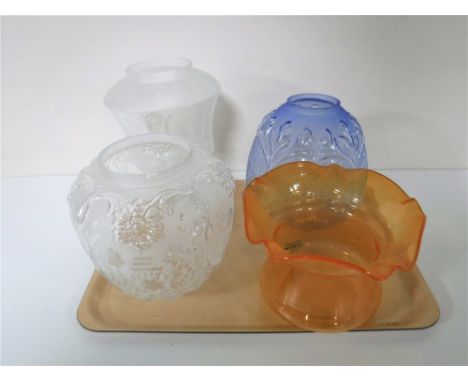 A tray containing four Victorian glass oil lamp shades