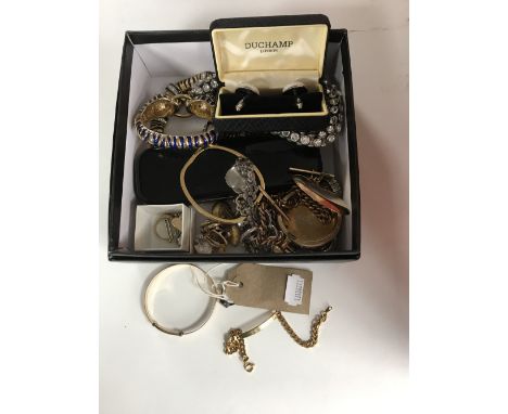 A collection of assorted costume jewellery together with a pocket watch case with Albert, amethyst ring, bangle etc