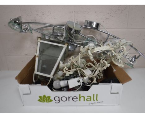 Three contemporary four spot track lights together with a box containing assorted metal light fittings, hurricane lamp, etc 