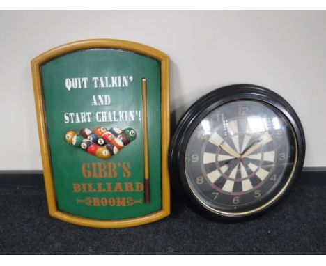 A wooden Gibbs billiard room sign together with a dart board wall clock