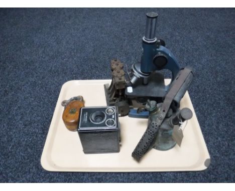 A tray containing live steam engine component, vintage blowtorch, Canco microscope, brownie camera etc