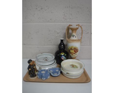 A tray containing four mid 20th century baby bowls, two pieces of Wedgwood blue and white jasper ware, two Goebel figurines t