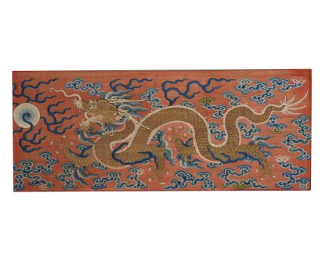 A Chinese silk Kesi red-ground 'Dragon' panel, Qing dynasty, 19th century, woven with a large four-clawed mang dragon with la
