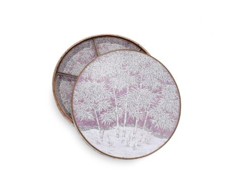 A Canton enamel sweetmeat or supper set, 19th century, painted with white bamboo detailed in black on a mauve ground, the whi
