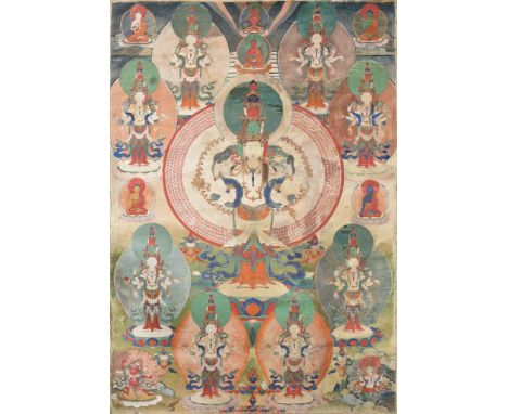 A Sino-Tibetan Thang-ka depicting the Thousand-Armed Avalokitesvara, Late 18th century, the cosmic Buddhist deity with his mu