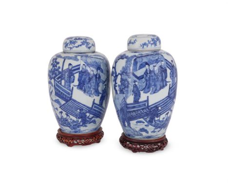 A pair of good Chinese blue and white ovoid jars and covers, 19th century, nicely painted with ladies in boats and picking lo