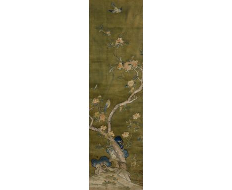 A good Chinese embroidered silk scroll, Qianlong, finely worked in subdued tones on a soft green silk ground with a bird perc