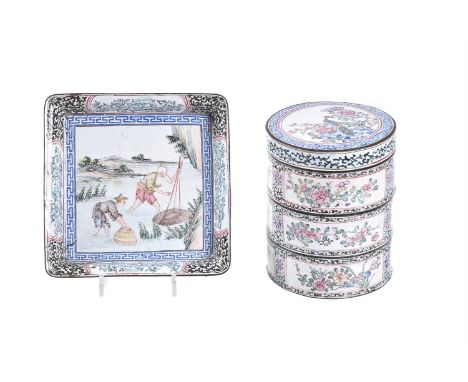 A good Chinese Canton enamel three-tiered box and cover, 18th century, Qing Dynasty, the top painted with a peacock resting a